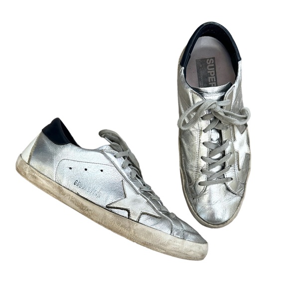 Golden Goose Shoes - Golden Goose Silver Metallic Superstar Sneakers Navy Blue White Star